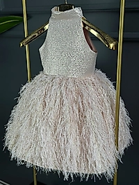 Kız Çocuk Tüy Detaylı Halter Yaka Elbise