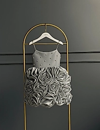 Kız Çocuk Gri Renk Çiçek Detaylı Elbise